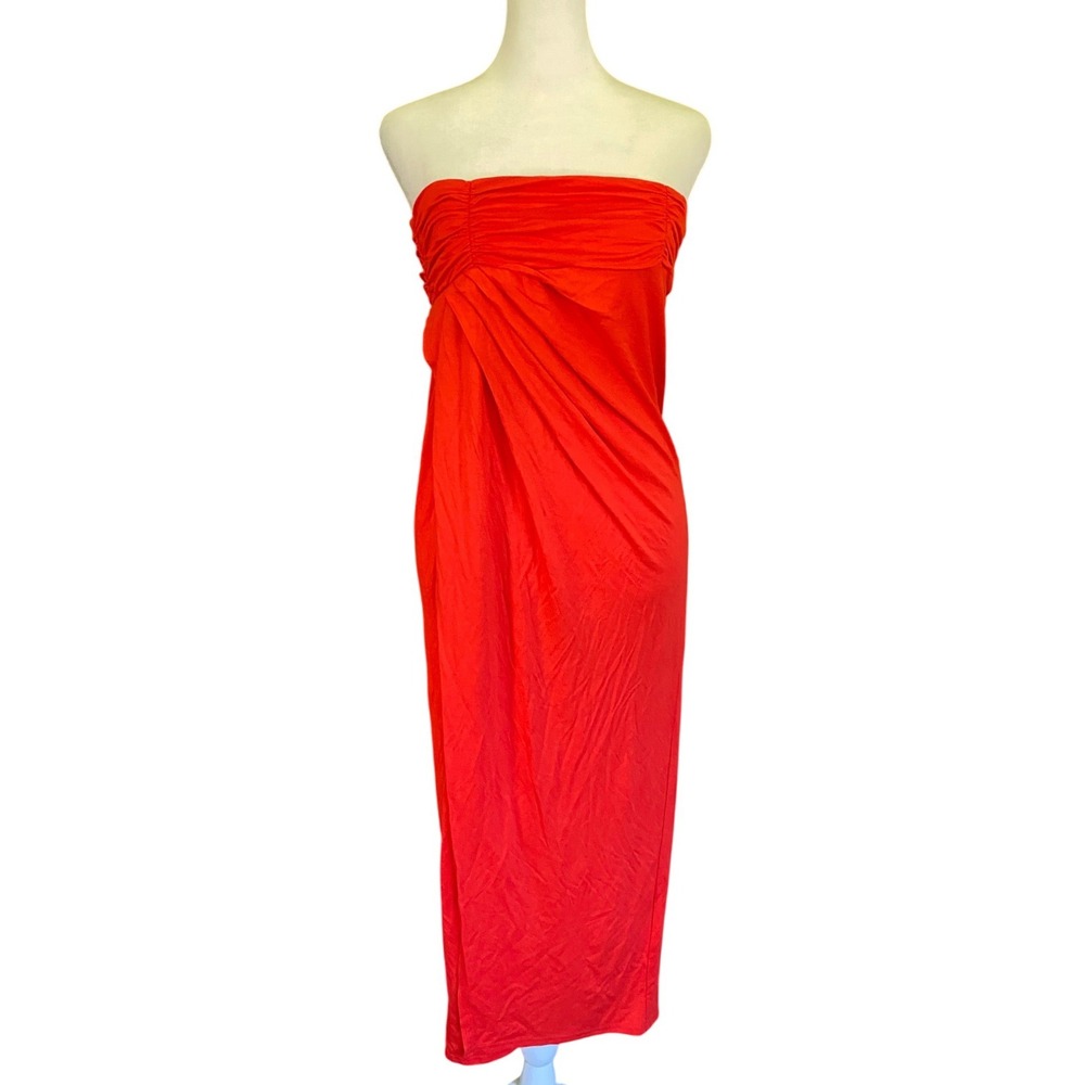 Strapless Ruched Draped Midi Bodycon Red Tube Midi Dress Medium Resortwear Beach